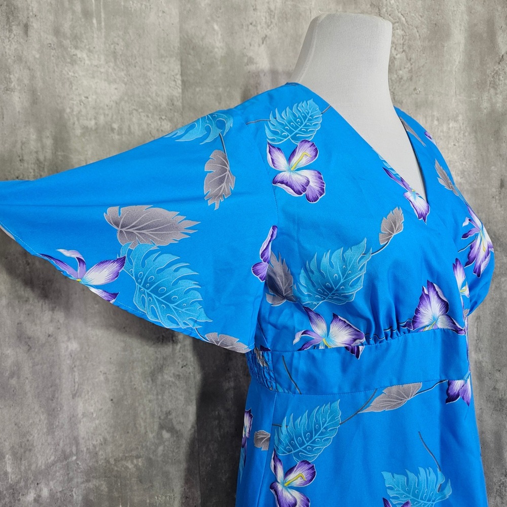Vintage Darina Honolulu Hawaiian Dress Blue Floral Tropical Midi Made Hawaii - Picture 4 of 10